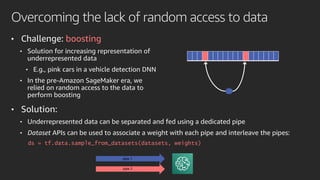 Overcoming the lack of random access to data
• Challenge: boosting
• Solution for increasing representation of
underrepresented data
• E.g., pink cars in a vehicle detection DNN
• In the pre-Amazon SageMaker era, we
relied on random access to the data to
perform boosting
• Solution:
• Underrepresented data can be separated and fed using a dedicated pipe
• Dataset APIs can be used to associate a weight with each pipe and interleave the pipes:
ds = tf.data.sample_from_datasets(datasets, weights)
pipe 1
pipe 2
 
