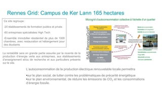 Rennes Grid: Campus de Ker Lann 165 hectares
La rentabilité sera en grande partie assurée par la revente de la
production d’énergie verte aux entreprises, aux établissements
d’enseignement et/ou de recherche et aux particuliers présents
sur le site.
Ce site regroupe :
-20 établissements de formation publics et privés
-60 entreprises spécialisées High Tech
-Ensemble immobilier résidentiel de plus de 1000
chambres, avec restauration et hébergement pour
des étudiants.
L’autoconsommation de la production électrique renouvelable locale permettra
•sur le plan social, de lutter contre les problématiques de précarité énergétique
•sur le plan environnemental, de réduire les émissions de CO2 et les consommations
d’énergie fossile.
 