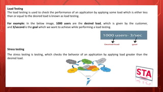Load Testing
The load testing is used to check the performance of an application by applying some load which is either less
than or equal to the desired load is known as load testing.
For example: In the below image, 1000 users are the desired load, which is given by the customer,
and 3/second is the goal which we want to achieve while performing a load testing.
Stress testing
The stress testing is testing, which checks the behavior of an application by applying load greater than the
desired load.
 