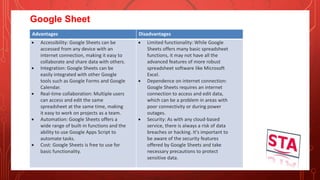 Google Sheet
Advantages Disadvantages
 Accessibility: Google Sheets can be
accessed from any device with an
internet connection, making it easy to
collaborate and share data with others.
 Integration: Google Sheets can be
easily integrated with other Google
tools such as Google Forms and Google
Calendar.
 Real-time collaboration: Multiple users
can access and edit the same
spreadsheet at the same time, making
it easy to work on projects as a team.
 Automation: Google Sheets offers a
wide range of built-in functions and the
ability to use Google Apps Script to
automate tasks.
 Cost: Google Sheets is free to use for
basic functionality.
 Limited functionality: While Google
Sheets offers many basic spreadsheet
functions, it may not have all the
advanced features of more robust
spreadsheet software like Microsoft
Excel.
 Dependence on internet connection:
Google Sheets requires an internet
connection to access and edit data,
which can be a problem in areas with
poor connectivity or during power
outages.
 Security: As with any cloud-based
service, there is always a risk of data
breaches or hacking. It's important to
be aware of the security features
offered by Google Sheets and take
necessary precautions to protect
sensitive data.
 