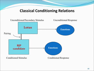 40
Unconditioned/Secondary Stimulus Unconditioned Response
Pairing
Conditioned Stimulus Conditioned Response
Lotus
Emotions
BJP
candidate Emotions
Classical Conditioning Relations
 