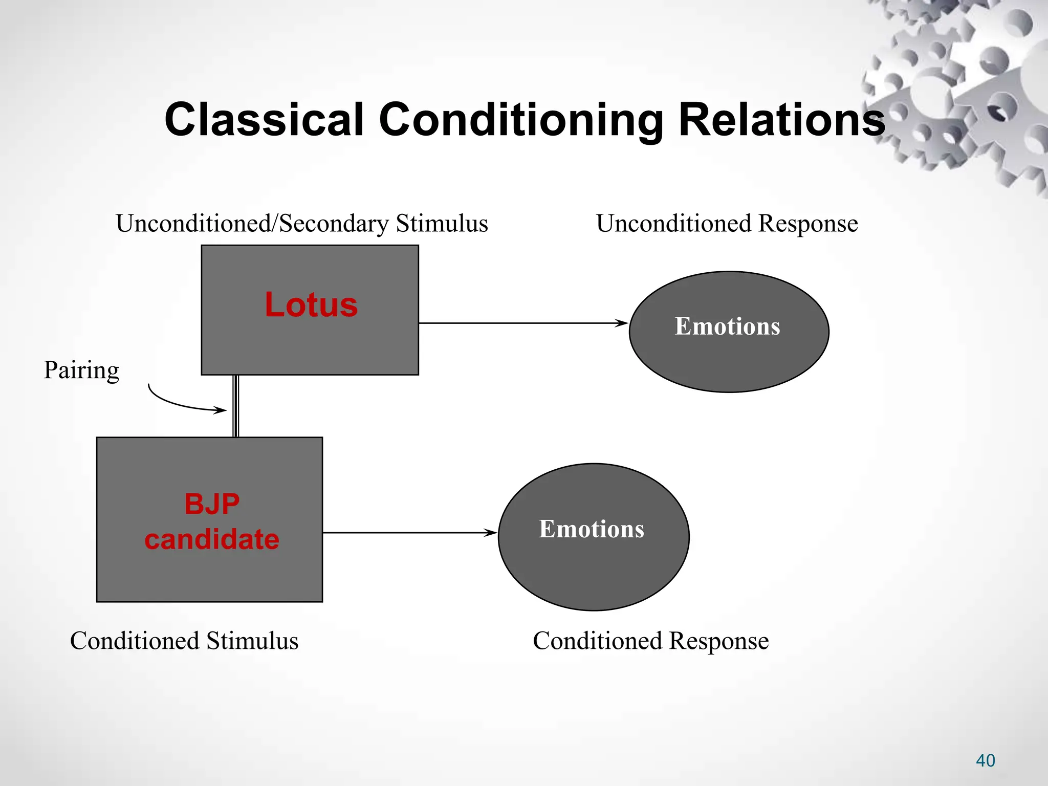 40
Unconditioned/Secondary Stimulus Unconditioned Response
Pairing
Conditioned Stimulus Conditioned Response
Lotus
Emotions
BJP
candidate Emotions
Classical Conditioning Relations
 