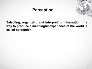 47
Perception
Selecting, organizing and interpreting information in a
way to produce a meaningful experience of the world is
called perception.
 