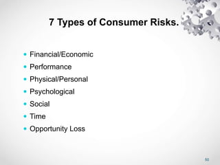 50
7 Types of Consumer Risks.
 Financial/Economic
 Performance
 Physical/Personal
 Psychological
 Social
 Time
 Opportunity Loss
 