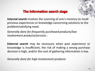 63
Internal search involves the scanning of one's memory to recall
previous experiences or knowledge concerning solutions to the
problem/satisfying need.
Generally done for frequently purchased products/low
involvement products/services .
External search may be necessary when past experience or
knowledge is insufficient, the risk of making a wrong purchase
decision is high, and/or the cost of gathering information is low.
Generally done for high involvement products
 