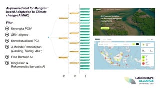 AI-powered tool for Mangrove-
based Adaptation to Climate
change (AIMAC)
AI-powered tool for Mangrove-
based Adaptation to Climate
change (AIMAC)
AI-powered tool for Mangrove-
based Adaptation to Climate
change (AIMAC)
Kerangka PCIV
SRN-aligned
Kontekstualisasi PCI
3 Metode Pembobotan
(Ranking, Rating, AHP)
Fitur Bantuan AI
Ringkasan &
Rekomendasi berbasis AI
Fitur
P C I
 