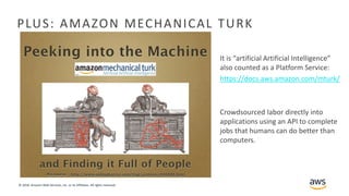 © 2018, Amazon Web Services, Inc. or its Affiliates. All rights reserved.
PLUS: AMAZON MECHANICAL TURK
It is “artificial Artificial Intelligence”
also counted as a Platform Service:
https://docs.aws.amazon.com/mturk/
Crowdsourced labor directly into
applications using an API to complete
jobs that humans can do better than
computers.
 
