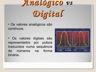 AnalógicoAnalógico vsvs
DigitalDigital
• Os valores analógicos são
contínuos.
• Os valores digitais são
representados por pulsos
traduzidos numa sequência
de números na forma
binária.
 
