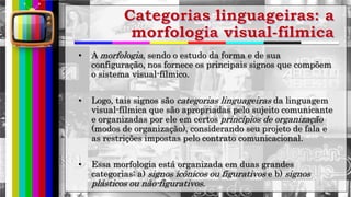 hhh
• A morfologia, sendo o estudo da forma e de sua
configuração, nos fornece os principais signos que compõem
o sistema visual-fílmico.
• Logo, tais signos são categorias linguageiras da linguagem
visual-fílmica que são apropriadas pelo sujeito comunicante
e organizadas por ele em certos princípios de organização
(modos de organização), considerando seu projeto de fala e
as restrições impostas pelo contrato comunicacional.
• Essa morfologia está organizada em duas grandes
categorias: a) signos icônicos ou figurativos e b) signos
plásticos ou não-figurativos.
 