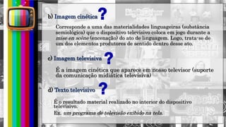 hhh
b) Imagem cinética
Corresponde a uma das materialidades linguageiras (substância
semiológica) que o dispositivo televisivo coloca em jogo durante a
mise en scène (encenação) do ato de linguagem. Logo, trata-se de
um dos elementos produtores de sentido dentro desse ato.
c) Imagem televisiva
É a imagem cinética que aparece em nosso televisor (suporte
da comunicação midiática televisiva)
d) Texto televisivo
É o resultado material realizado no interior do dispositivo
televisivo.
Ex. um programa de televisão exibido na tela.
 