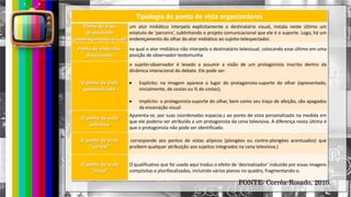 hhh
Tipologia do ponto de vista organizadores
Ponto de vista
direcionado
(endereçamento visual)
um ator midiático interpela explicitamente o destinatário visual, instala neste último um
estatuto de ‘parceiro’, sublinhando o projeto comunicacional que ele é o suporte. Logo, há um
endereçamento do olhar do ator midiático ao sujeito-telespectador.
Ponto de vista não-
direcionado
na qual o ator midiático não interpela o destinatário televisual, colocando esse último em uma
posição de observador-testemunha
O ponto de vista
personalizado
o sujeito-observador é levado a assumir a visão de um protagonista inscrito dentro da
dinâmica interacional do debate. Ele pode ser:
Explícito: na imagem aparece o lugar do protagonista-suporte do olhar (apresentado,
inicialmente, de costas ou ¾ de costas);
Implícito: o protagonista-suporte do olhar, bem como seu traço de afeição, são apagados
da encenação visual
O ponto de vista
anônimo
Aparenta-se, por suas coordenadas espaciai,s ao ponto de vista personalizado na medida em
que ele poderia ser atribuído a um protagonista da cena televisiva. A diferença nesta última é
que o protagonista não pode ser identificado.
O ponto de vista
“surreal”
corresponde aos pontos de vistas atípicos (plongées ou contre-plongées acentuados) que
proíbem qualquer atribuição aos sujeitos integrados na cena televisiva.)
O ponto de vista
“irreal”
O qualificativo que foi usado aqui traduz o efeito de ‘desrealizador’ induzido por essas imagens
compósitas e plurifocalizadas, incluindo vários planos no quadro, fragmentando-o.
FONTE: Corrêa-Rosado, 2010.
 