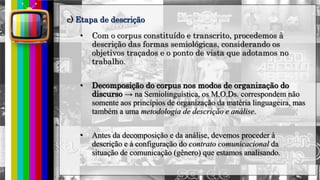 hhh
• Com o corpus constituído e transcrito, procedemos à
descrição das formas semiológicas, considerando os
objetivos traçados e o ponto de vista que adotamos no
trabalho.
• Decomposição do corpus nos modos de organização do
discurso → na Semiolinguística, os M.O.Ds. correspondem não
somente aos princípios de organização da matéria linguageira, mas
também a uma metodologia de descrição e análise.
• Antes da decomposição e da análise, devemos proceder à
descrição e à configuração do contrato comunicacional da
situação de comunicação (gênero) que estamos analisando.
c) Etapa de descrição
 