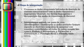hhh
• Cruzamos os dados situacionais (advindos da descrição do
contrato comunicacional) com os dados discursivos e
linguageiros (descrição das formas linguageiras e
decomposição dos modos de organização do discurso).
• Interpretamos segundo um ponto de vista
interdisciplinar, considerando os dados arrolados (sempre
segundo os objetivos e perguntas de pesquisa) com
conceitos e contribuições advindas de outros campos, tais
como a História, a Antropologia, a Psicanálise, a
Comunicação, a Psicologia Social, a Filosofia, entre
outros.
d) Etapa de interpretação
 