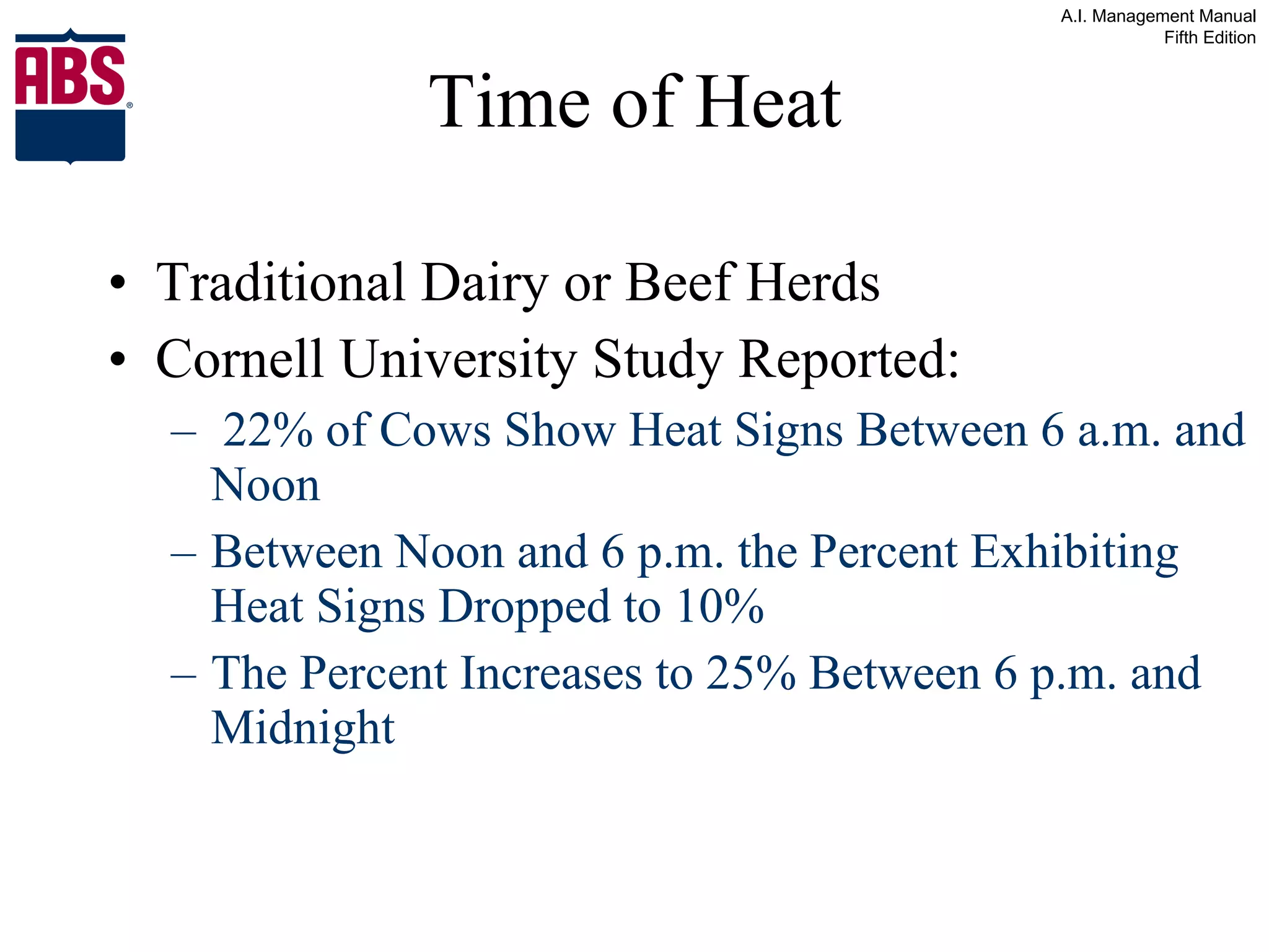 Time of Heat Traditional Dairy or Beef Herds Cornell University Study Reported: 22% of Cows Show Heat Signs Between 6 a.m. and Noon Between Noon and 6 p.m. the Percent Exhibiting Heat Signs Dropped to 10% The Percent Increases to 25% Between 6 p.m. and Midnight 