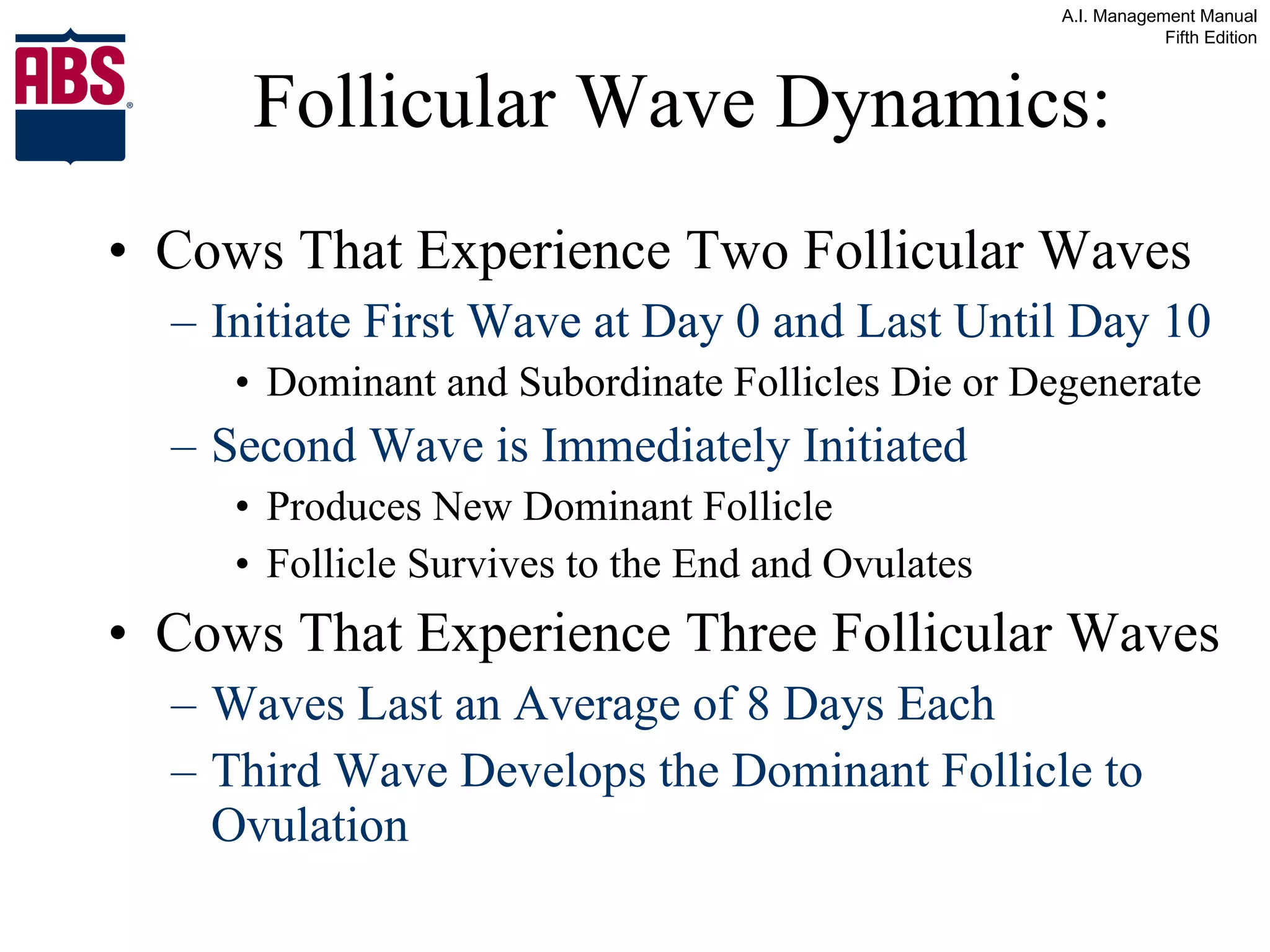 Follicular Wave Dynamics: Cows That Experience Two Follicular Waves Initiate First Wave at Day 0 and Last Until Day 10 Dominant and Subordinate Follicles Die or Degenerate Second Wave is Immediately Initiated Produces New Dominant Follicle  Follicle Survives to the End and Ovulates Cows That Experience Three Follicular Waves Waves Last an Average of 8 Days Each Third Wave Develops the Dominant Follicle to Ovulation 