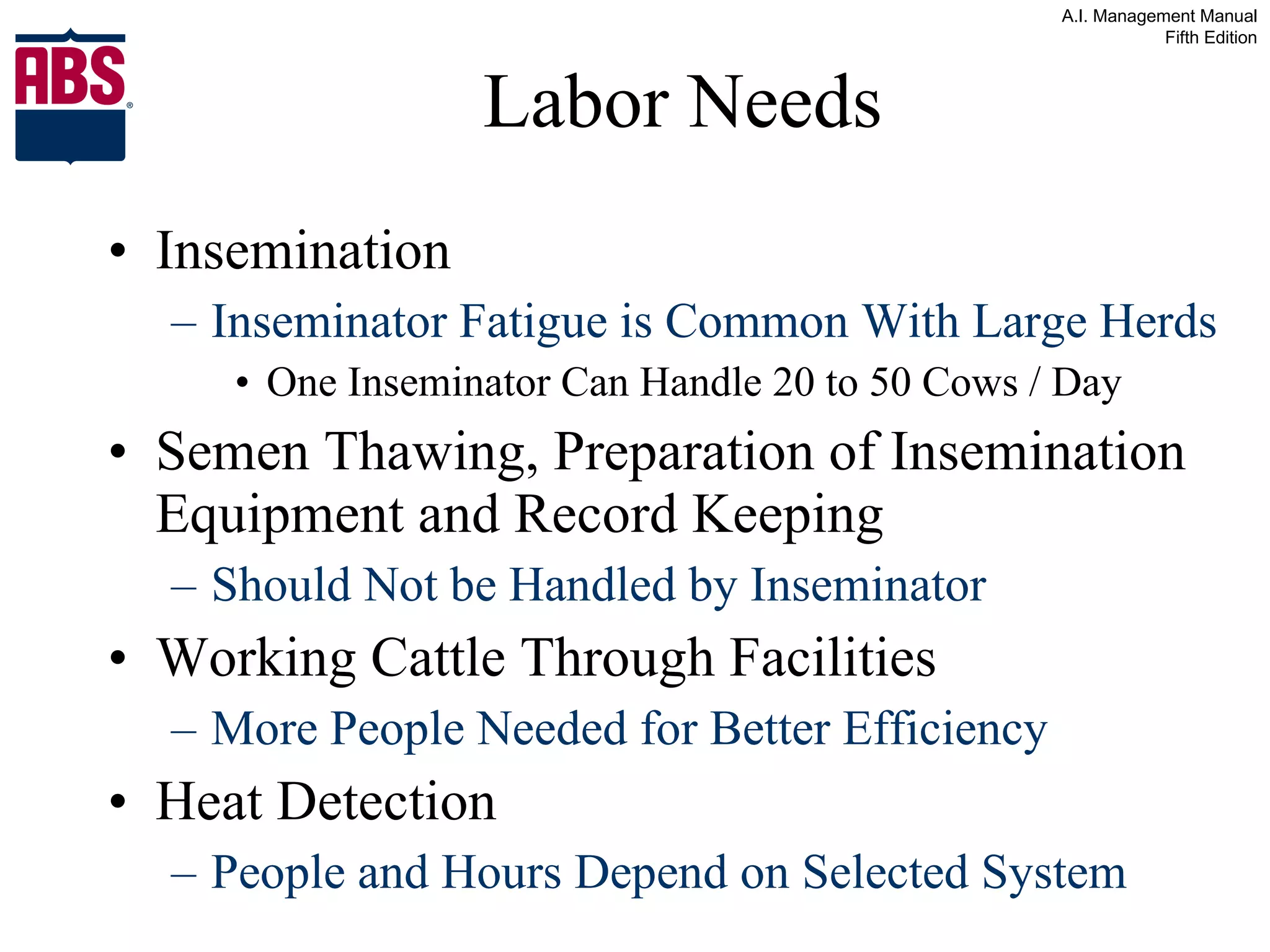 Labor Needs Insemination Inseminator Fatigue is Common With Large Herds One Inseminator Can Handle 20 to 50 Cows / Day Semen Thawing, Preparation of Insemination Equipment and Record Keeping Should Not be Handled by Inseminator Working Cattle Through Facilities More People Needed for Better Efficiency Heat Detection People and Hours Depend on Selected System 