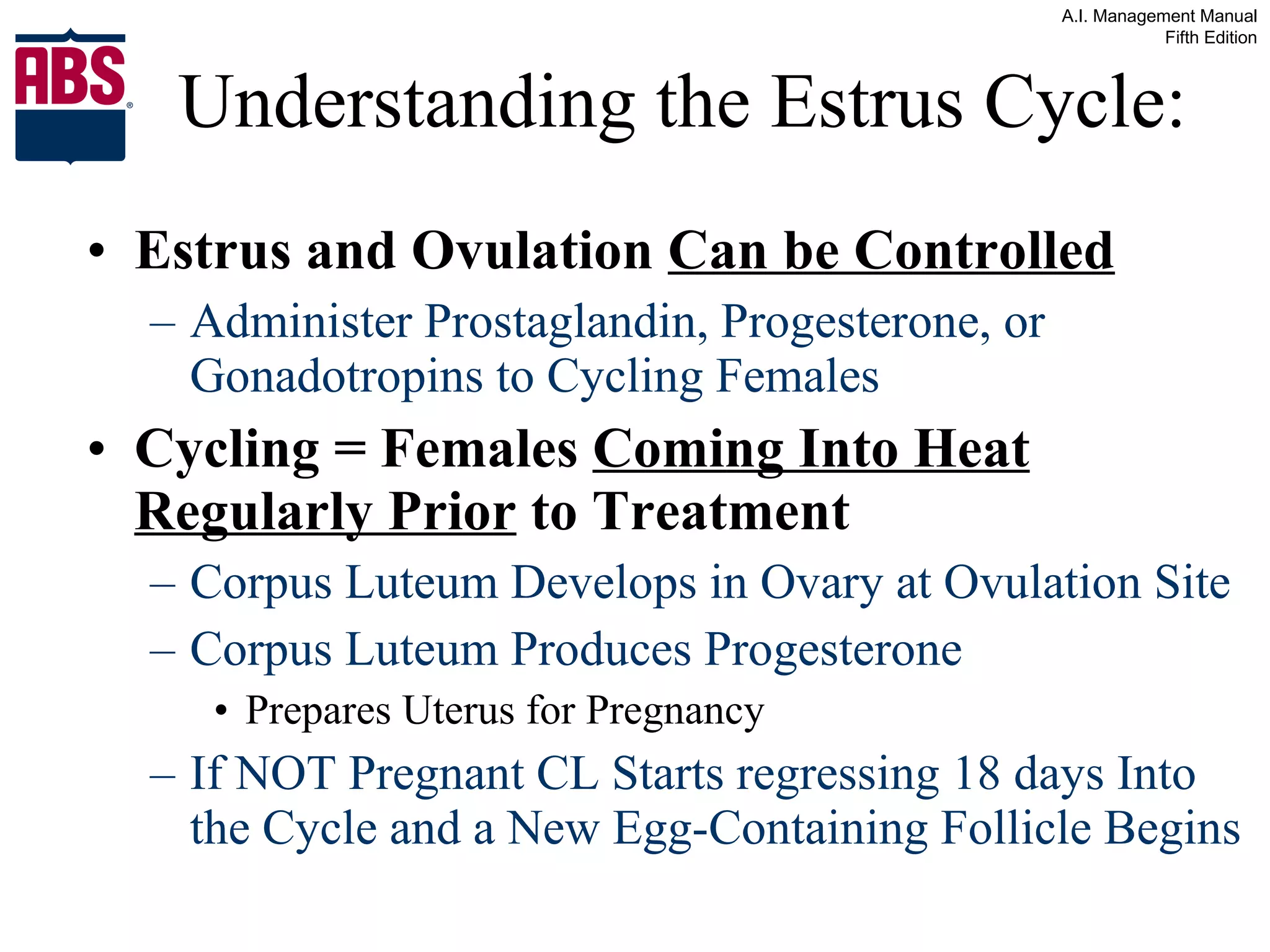 Understanding the Estrus Cycle: Estrus and Ovulation   Can be Controlled Administer Prostaglandin, Progesterone, or Gonadotropins to Cycling Females Cycling = Females  Coming Into Heat Regularly Prior  to Treatment Corpus Luteum Develops in Ovary at Ovulation Site Corpus Luteum Produces Progesterone Prepares Uterus for Pregnancy If NOT Pregnant CL Starts regressing 18 days Into the Cycle and a New Egg-Containing Follicle Begins 
