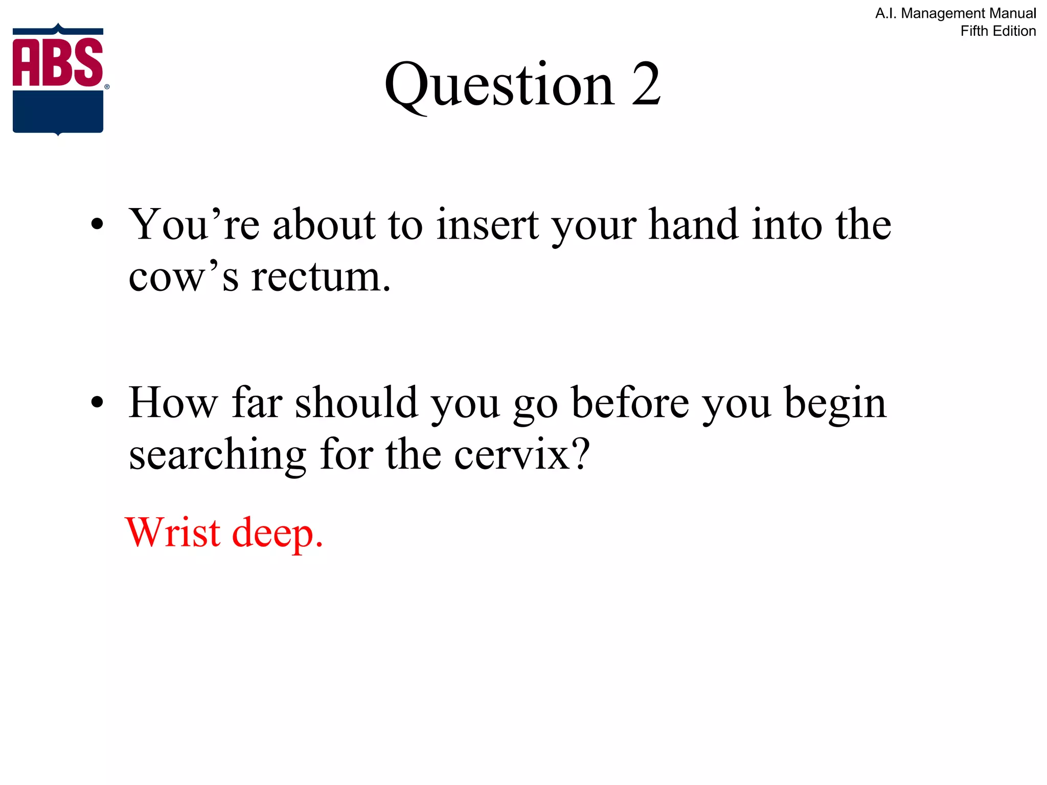 Question 2 You’re about to insert your hand into the cow’s rectum.  How far should you go before you begin searching for the cervix? Wrist deep. 