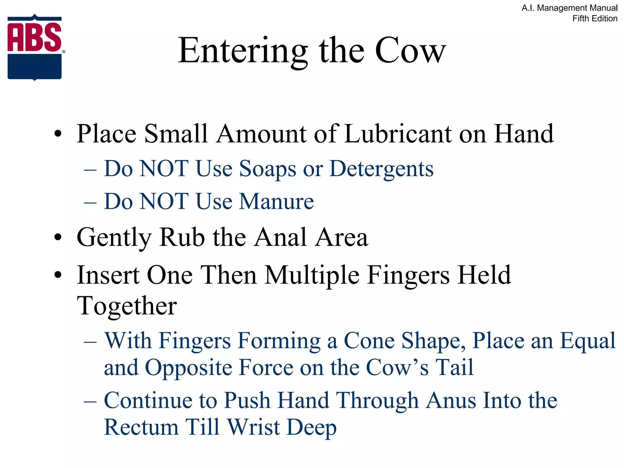 Entering the Cow Place Small Amount of Lubricant on Hand Do NOT Use Soaps or Detergents Do NOT Use Manure Gently Rub the Anal Area Insert One Then Multiple Fingers Held Together With Fingers Forming a Cone Shape, Place an Equal and Opposite Force on the Cow’s Tail Continue to Push Hand Through Anus Into the Rectum Till Wrist Deep 