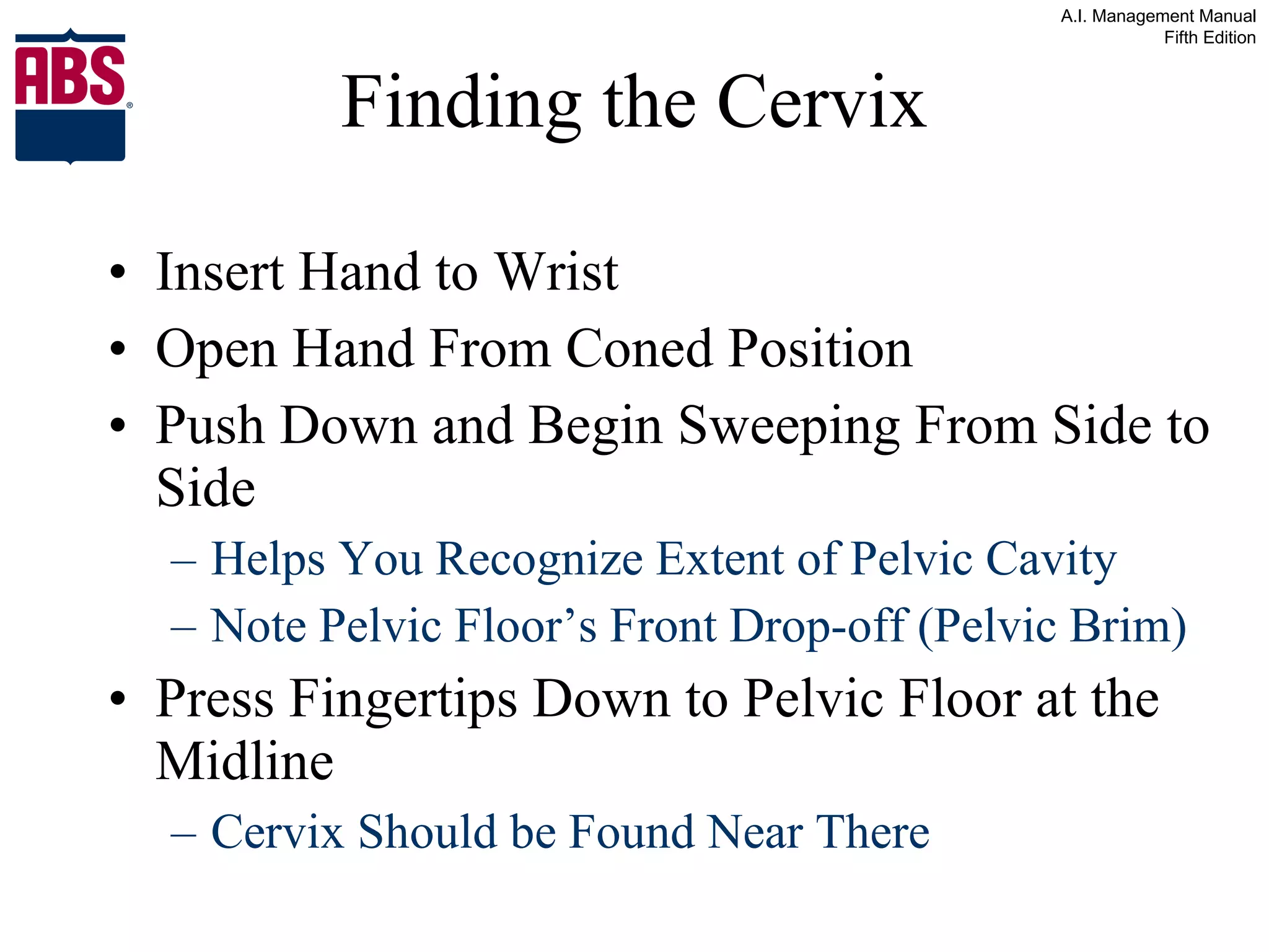 Finding the Cervix Insert Hand to Wrist Open Hand From Coned Position Push Down and Begin Sweeping From Side to Side Helps You Recognize Extent of Pelvic Cavity Note Pelvic Floor’s Front Drop-off (Pelvic Brim) Press Fingertips Down to Pelvic Floor at the Midline Cervix Should be Found Near There 