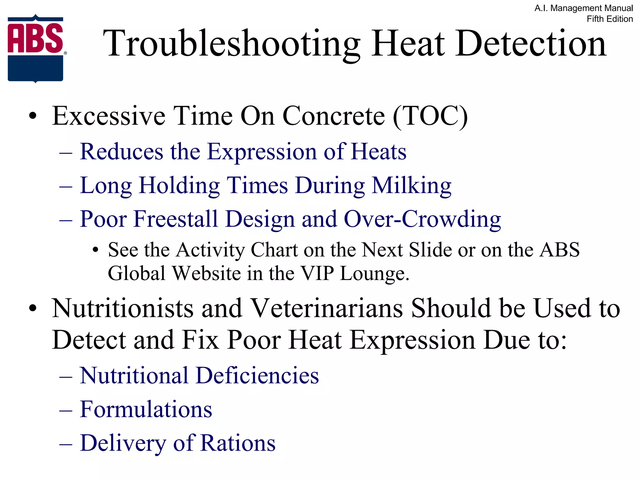 Excessive Time On Concrete (TOC)  Reduces the Expression of Heats Long Holding Times During Milking  Poor Freestall Design and Over-Crowding See the Activity Chart on the Next Slide or on the ABS Global Website in the VIP Lounge. Nutritionists and Veterinarians Should be Used to Detect and Fix Poor Heat Expression Due to: Nutritional Deficiencies Formulations  Delivery of Rations Troubleshooting Heat Detection 