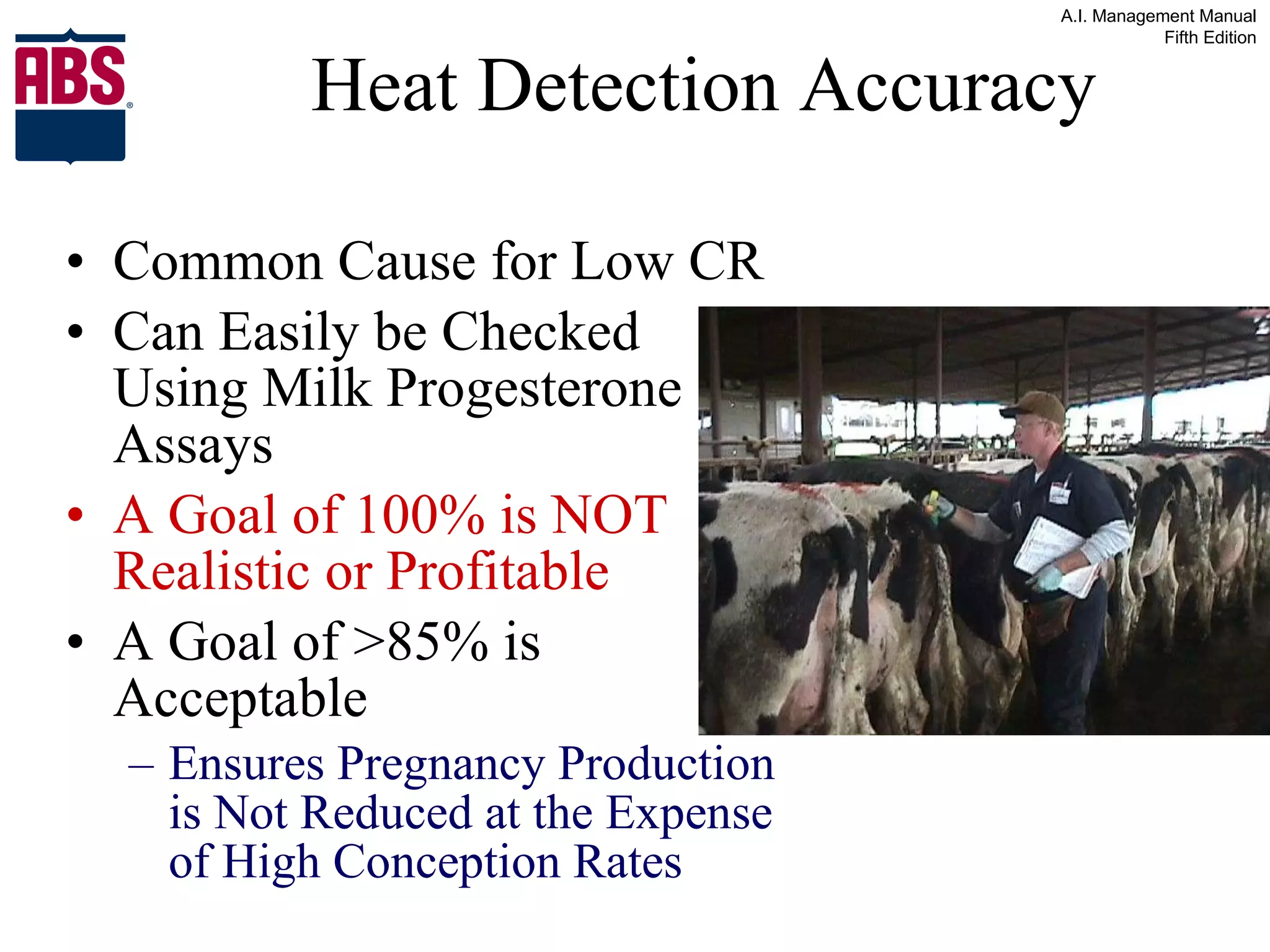 Heat Detection Accuracy Common Cause for Low CR  Can Easily be Checked Using Milk Progesterone Assays A Goal of 100% is NOT Realistic or Profitable A Goal of >85% is Acceptable  Ensures Pregnancy Production is Not Reduced at the Expense of High Conception Rates 