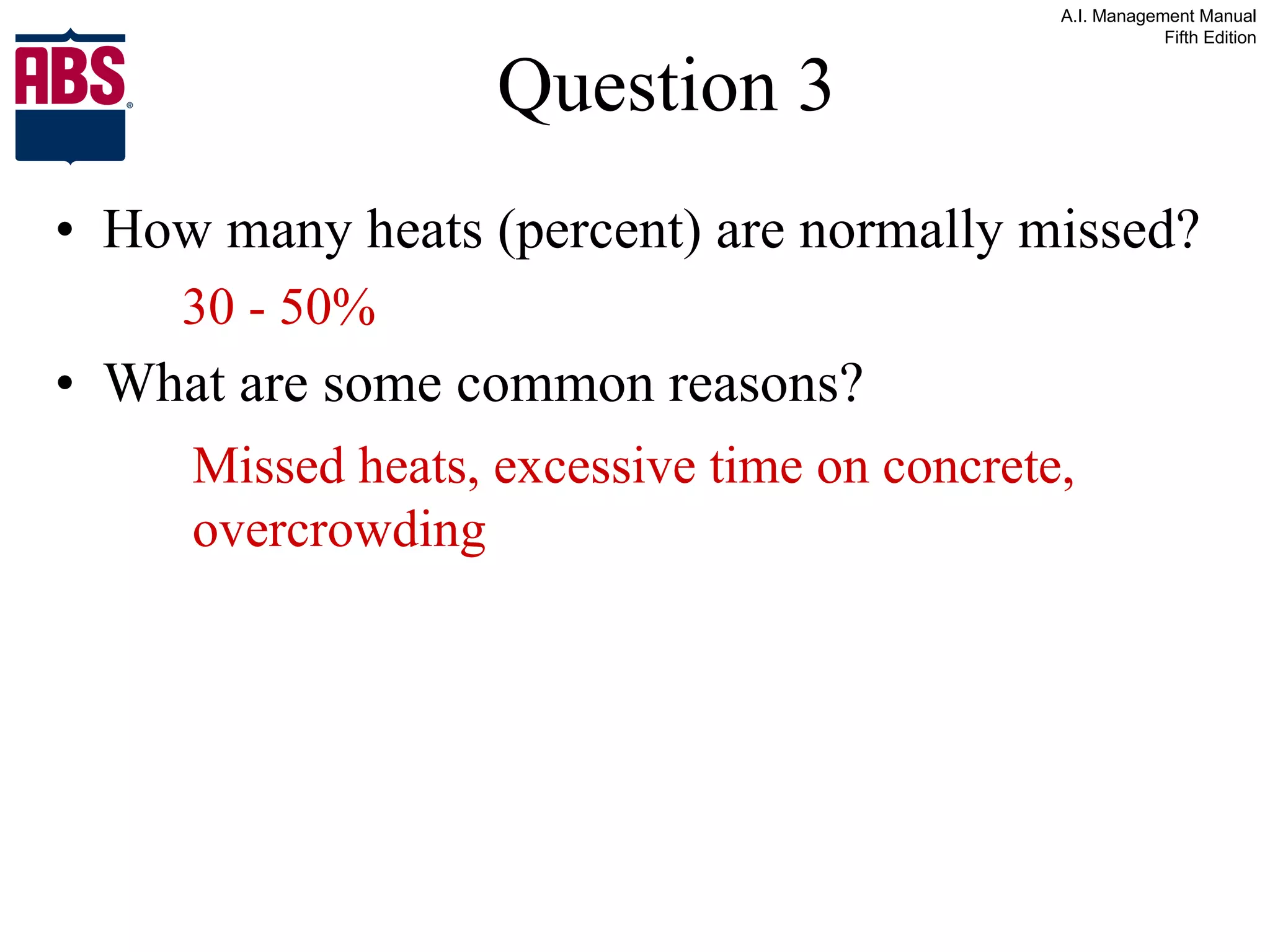 Question 3 How many heats (percent) are normally missed? What are some common reasons? 30 - 50% Missed heats, excessive time on concrete, overcrowding 