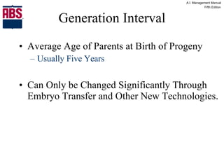 Generation Interval Average Age of Parents at Birth of Progeny Usually Five Years Can Only be Changed Significantly Through Embryo Transfer and Other New Technologies. 