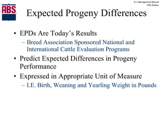 Expected Progeny Differences EPDs Are Today’s Results Breed Association Sponsored National and International Cattle Evaluation Programs Predict Expected Differences in Progeny Performance Expressed in Appropriate Unit of Measure I.E. Birth, Weaning and Yearling Weight in Pounds 
