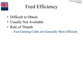 Feed Efficiency Difficult to Obtain Usually Not Available Rule of Thumb Fast-Gaining Cattle are Generally More Efficient 