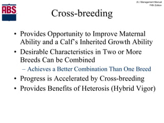 Cross-breeding Provides Opportunity to Improve Maternal Ability and a Calf’s Inherited Growth Ability Desirable Characteristics in Two or More Breeds Can be Combined Achieves a Better Combination Than One Breed Progress is Accelerated by Cross-breeding Provides Benefits of Heterosis (Hybrid Vigor) 