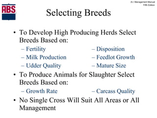 Selecting Breeds To Develop High Producing Herds Select Breeds Based on: Fertility – Disposition Milk Production – Feedlot Growth Udder Quality – Mature Size To Produce Animals for Slaughter Select Breeds Based on: Growth Rate – Carcass Quality No Single Cross Will Suit All Areas or All Management 