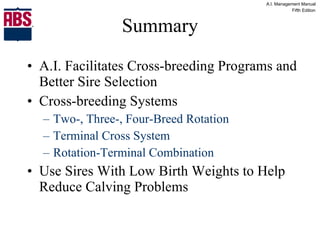 Summary A.I. Facilitates Cross-breeding Programs and Better Sire Selection Cross-breeding Systems Two-, Three-, Four-Breed Rotation Terminal Cross System Rotation-Terminal Combination Use Sires With Low Birth Weights to Help Reduce Calving Problems 