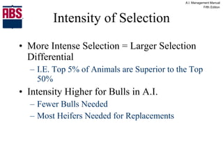Intensity of Selection More Intense Selection = Larger Selection Differential I.E. Top 5% of Animals are Superior to the Top 50% Intensity Higher for Bulls in A.I. Fewer Bulls Needed  Most Heifers Needed for Replacements 