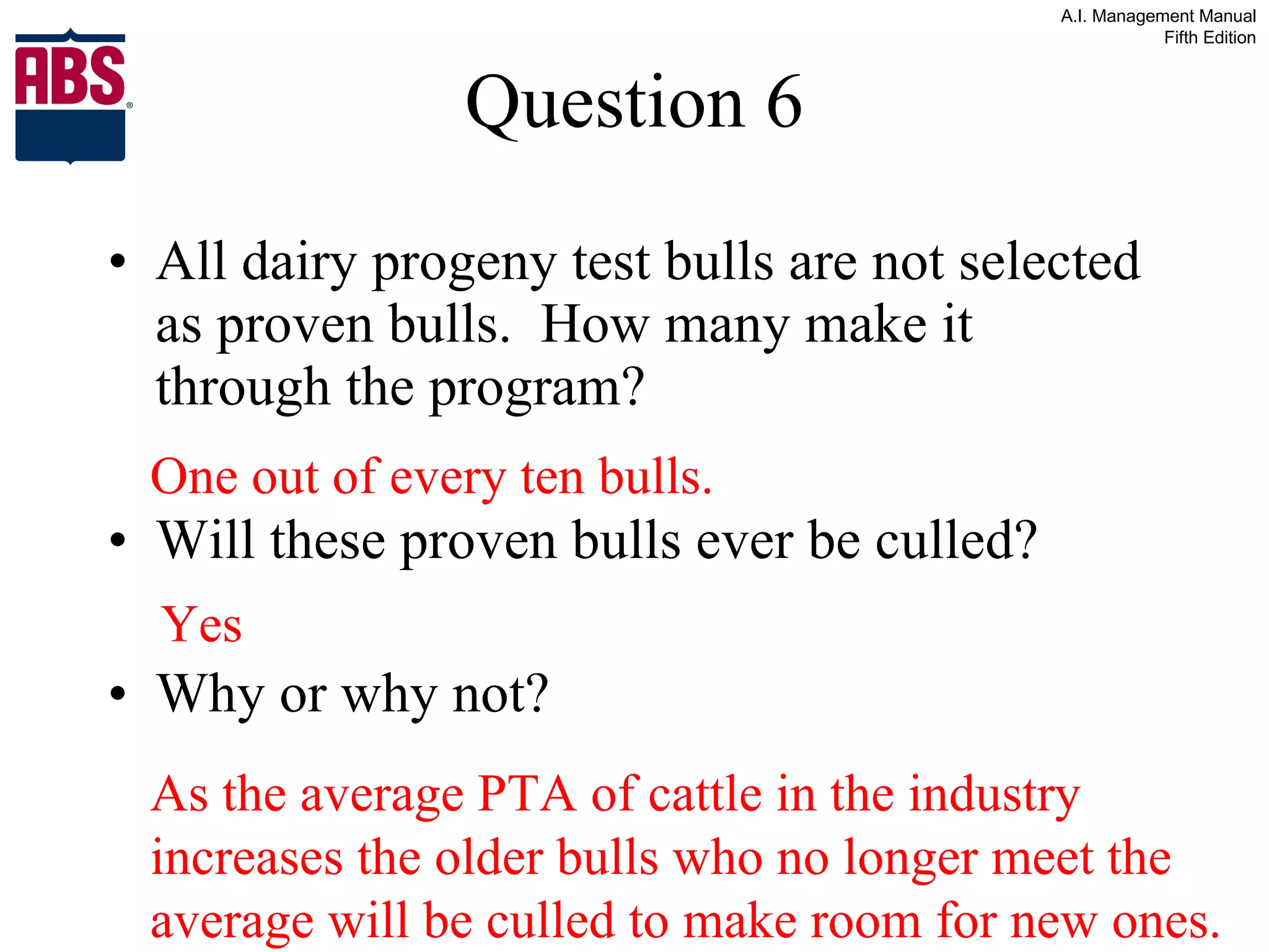Question 6 All dairy progeny test bulls are not selected as proven bulls.  How many make it through the program? Will these proven bulls ever be culled? Why or why not? One out of every ten bulls. Yes As the average PTA of cattle in the industry increases the older bulls who no longer meet the average will be culled to make room for new ones. 