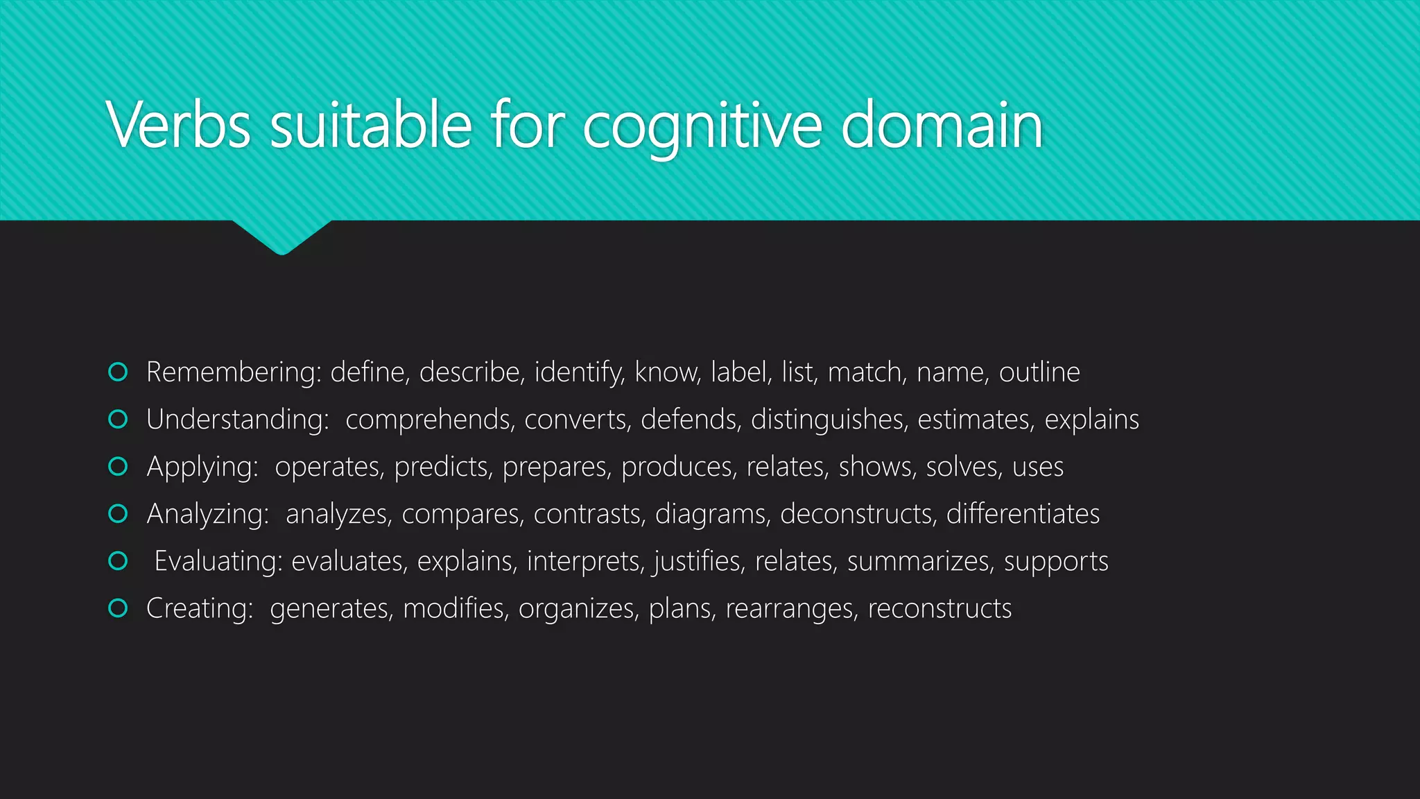 Verbs suitable for cognitive domain
 Remembering: define, describe, identify, know, label, list, match, name, outline
 Understanding: comprehends, converts, defends, distinguishes, estimates, explains
 Applying: operates, predicts, prepares, produces, relates, shows, solves, uses
 Analyzing: analyzes, compares, contrasts, diagrams, deconstructs, differentiates
 Evaluating: evaluates, explains, interprets, justifies, relates, summarizes, supports
 Creating: generates, modifies, organizes, plans, rearranges, reconstructs
 
