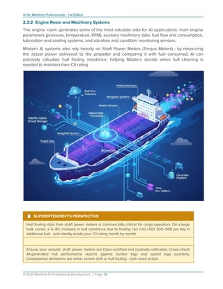 AI for Maritime Professionals - 1st Edition
2.3.2 Engine Room and Machinery Systems
The engine room generates some of the most valuable data for AI applications: main engine
parameters (pressure, temperature, RPM), auxiliary machinery data, fuel ﬂow and consumption,
lubrication and cooling systems, and vibration and condition monitoring sensors.
Modern AI systems also rely heavily on Shaft Power Meters (Torque Meters) - by measuring
the actual power delivered to the propeller and comparing it with fuel consumed, AI can
precisely calculate hull fouling resistance, helping Masters decide when hull cleaning is
needed to maintain their CII rating.
¹ SUPERINTENDENT'S PERSPECTIVE
Hull fouling data from shaft power meters is commercially critical for cargo operators. On a large
bulk carrier, a 5–8% increase in hull resistance due to fouling can cost USD 300–500 per day in
additional fuel - and silently erode your CII rating month by month.
Ensure your vessels' shaft power meters are Class-certiﬁed and routinely calibrated. Cross-check
AI-generated hull performance reports against bunker logs and speed logs quarterly.
Unexplained deviations are either sensor drift or hull fouling - both need action.
© 2026 Maritime AI Professional Development | Page 13
 