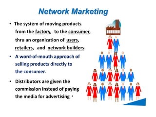 Network Marketing 
• The system of moving products 
to the consumer, 
from the factory, 
thru an organization of users, 
retailers, and network builders. 
• A word-of-mouth approach of 
selling products directly to 
the consumer. 
• Distributors are given the 
commission instead of paying 
the media for advertising. * 
 