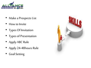• Make a Prospects List 
• How to Invite 
• Types Of Invitation 
• Types of Presentation 
• Apply ABC Rule 
• Apply 24-48hours Rule 
• Goal Setting 
 