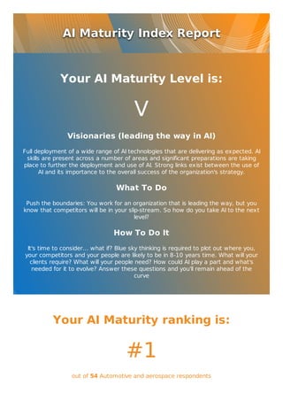 AI	Maturity	Index	Report
Your	AI	Maturity	Level	is:
V
Visionaries	(leading	the	way	in	AI)
Full	deployment	of	a	wide	range	of	AI	technologies	that	are	delivering	as	expected.	AI
skills	are	present	across	a	number	of	areas	and	significant	preparations	are	taking
place	to	further	the	deployment	and	use	of	AI.	Strong	links	exist	between	the	use	of
AI	and	its	importance	to	the	overall	success	of	the	organization's	strategy.
What	To	Do
Push	the	boundaries:	You	work	for	an	organization	that	is	leading	the	way,	but	you
know	that	competitors	will	be	in	your	slip-stream.	So	how	do	you	take	AI	to	the	next
level?
How	To	Do	It
It's	time	to	consider…	what	if?	Blue	sky	thinking	is	required	to	plot	out	where	you,
your	competitors	and	your	people	are	likely	to	be	in	8-10	years	time.	What	will	your
clients	require?	What	will	your	people	need?	How	could	AI	play	a	part	and	what's
needed	for	it	to	evolve?	Answer	these	questions	and	you'll	remain	ahead	of	the
curve
Your	AI	Maturity	ranking	is:
#1
out	of	54	Automotive	and	aerospace	respondents
 