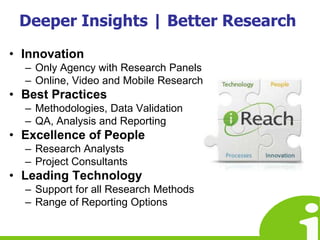 Deeper Insights | Better ResearchInnovation Only Agency with Research PanelsOnline, Video and Mobile ResearchBest PracticesMethodologies, Data ValidationQA, Analysis and ReportingExcellence of PeopleResearch AnalystsProject ConsultantsLeading TechnologySupport for all Research MethodsRange of Reporting Options