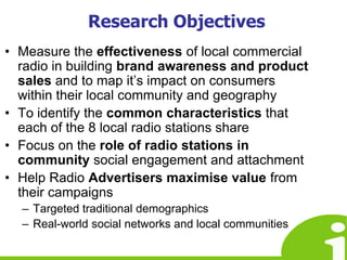 Research ObjectivesMeasure the effectiveness of local commercial radio in building brand awareness and product sales and to map it’s impact on consumers within their local community and geographyTo identify the common characteristics that each of the 8 local radio stations share Focus on the role of radio stations in community social engagement and attachmentHelp Radio Advertisers maximise value from their campaigns Targeted traditional demographicsReal-world social networks and local communities