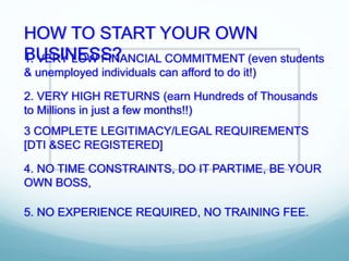 HOW TO START YOUR OWN
BUSINESS?1. VERY LOW FINANCIAL COMMITMENT (even students
& unemployed individuals can afford to do it!)
2. VERY HIGH RETURNS (earn Hundreds of Thousands
to Millions in just a few months!!)
3 COMPLETE LEGITIMACY/LEGAL REQUIREMENTS
[DTI &SEC REGISTERED]
4. NO TIME CONSTRAINTS, DO IT PARTIME, BE YOUR
OWN BOSS,
5. NO EXPERIENCE REQUIRED, NO TRAINING FEE.
 