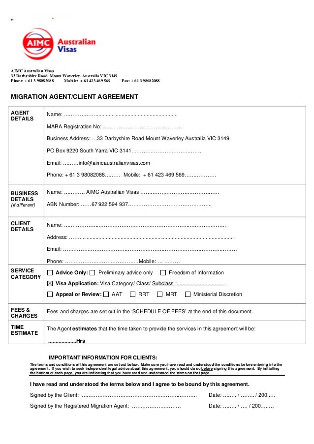 MIGRATION AGENT/CLIENT AGREEMENT MIGRATION AGENT/CLIENT AGREEMENT