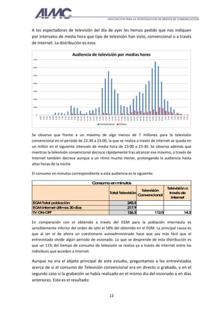 A los espectadores de televisión del día de ayer les hemos pedido que nos indiquen
por intervalos de media hora que tipo de televisión han visto, convencional o a través
de Internet. La distribución es esta:

                                                                                Audiencia de televisión por medias horas
7000



6000



5000



4000



3000



2000



1000



  0
       4:00
              4:30
                     5:00
                            5:30
                                   6:00
                                          6:30
                                                 7:00
                                                        7:30
                                                               8:00
                                                                      8:30
                                                                             9:00
                                                                                    9:30




                                                                                                                                                                                                                                                                                                                           0:00
                                                                                                                                                                                                                                                                                                                                  0:30
                                                                                                                                                                                                                                                                                                                                         1:00
                                                                                                                                                                                                                                                                                                                                                1:30
                                                                                                                                                                                                                                                                                                                                                       2:00
                                                                                                                                                                                                                                                                                                                                                              2:30
                                                                                                                                                                                                                                                                                                                                                                     3:00
                                                                                                                                                                                                                                                                                                                                                                            3:30
                                                                                           10:00
                                                                                                   10:30
                                                                                                           11:00
                                                                                                                   11:30
                                                                                                                           12:00
                                                                                                                                   12:30
                                                                                                                                           13:00
                                                                                                                                                   13:30
                                                                                                                                                           14:00
                                                                                                                                                                   14:30
                                                                                                                                                                           15:00
                                                                                                                                                                                   15:30
                                                                                                                                                                                           16:00
                                                                                                                                                                                                   16:30
                                                                                                                                                                                                           17:00
                                                                                                                                                                                                                   17:30
                                                                                                                                                                                                                           18:00
                                                                                                                                                                                                                                   18:30
                                                                                                                                                                                                                                           19:00
                                                                                                                                                                                                                                                   19:30
                                                                                                                                                                                                                                                           20:00
                                                                                                                                                                                                                                                                   20:30
                                                                                                                                                                                                                                                                           21:00
                                                                                                                                                                                                                                                                                   21:30
                                                                                                                                                                                                                                                                                           22:00
                                                                                                                                                                                                                                                                                                   22:30
                                                                                                                                                                                                                                                                                                           23:00
                                                                                                                                                                                                                                                                                                                   23:30
                                                                                                                                                    Convencional                                      Online



Se observa que frente a un máximo de algo menos de 7 millones para la televisión
convencional en el periodo de 22:30 a 23:00, la que se realiza a través de Internet se queda en
un millón en el siguiente intervalo de media hora de 23:00 a 23:30. Se observa además que
mientras la televisión convencional decrece rápidamente tras alcanzar ese máximo, a través de
Internet también decrece aunque a un ritmo mucho menor, prolongando la audiencia hasta
altas horas de la noche.

El consumo en minutos correspondiente a esta audiencia es la siguiente:

                                                                                                                                   Consumo en minutos
                                                                                                                                                                                                                                                                                                                                  Televisión a
                                                                                                                                                                                                                                                      Televisión
                                                                                                                                                                              Total Televisión                                                                                                                                     través de
                                                                                                                                                                                                                                                     Convencional
                                                                                                                                                                                                                                                                                                                                    Internet
EGM Total población                                                                                                                                                                                                        243,5
EGM Internet últim 30 días
                  os                                                                                                                                                                                                       217,9
TV ON-OFF                                                                                                                                                                                                                  126,3                                                                   112,0                                                             14,3

En comparación con el obtenido a través del EGM para la población internauta es
sensiblemente inferior del orden de sólo el 58% del obtenido en el EGM. La principal causa es
que al ser el de ahora un cuestionario autoadministrado hace que sea más fácil que el
entrevistado olvide algún periodo de visionado. Lo que se desprende de esta distribución es
que un 11% del tiempo de consumo de televisión se realiza ya a través de Internet entre los
individuos que acceden a Internet.

Aunque no era el objeto principal de este estudio, preguntamos a los entrevistados
acerca de si el consumo de Televisión convencional era en directo o grabado, y en el
segundo caso si la grabación se había realizado en el mismo día del visionado o en días
anteriores. Este es el resultado:


                                                                                                                                                                             12
 