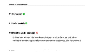 akom36015
Influencer* für Influencer Relations?
#1 Vertrauen ✅
#2 Sichtbarkeit ✅
#3 Insights und Feedback ❌
* Influencer können Testimonials sein, YouTube Stars, Superstars, Gastautoren, Instagrammer etc.
(Influencer wirken hier wie Fremdkörper, markenfern, es bräuchte
vielmehr eine Dialogplattform wie etwa eine Webseite, ein Forum etc.)
 