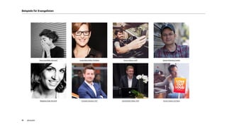 akom36019
Beispiele für Evangelisten
Anna-Lena Müller, Microsoft Carsta Maria Müller, ProSieben
Rouven Kasten, GLS BankJannis Rudzki-Weise, AUDI
Sascha Pallenberg, Daimler
Christoph Assmann, SIXTMagdalena Rogl, Microsoft
Enrico Hanisch, AUDI
 