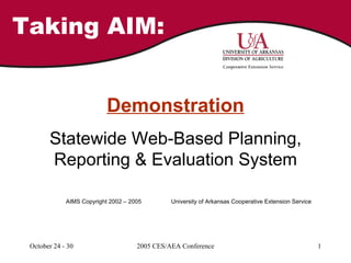 Taking AIM: Demonstration Statewide Web-Based Planning, Reporting & Evaluation System AIMS Copyright 2002 – 2005 University of Arkansas Cooperative Extension Service 