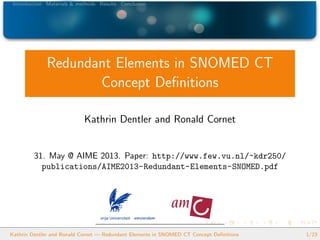 Introduction Materials & methods Results Conclusion
Redundant Elements in SNOMED CT
Concept Deﬁnitions
Kathrin Dentler and Ronald Cornet
31. May @ AIME 2013. Paper: http://www.few.vu.nl/~kdr250/
publications/AIME2013-Redundant-Elements-SNOMED.pdf
Kathrin Dentler and Ronald Cornet — Redundant Elements in SNOMED CT Concept Deﬁnitions 1/23
 