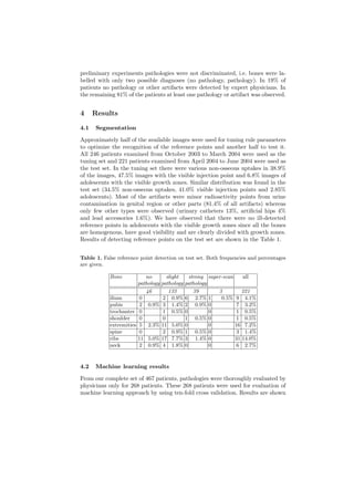 preliminary experiments pathologies were not discriminated, i.e. bones were la-
belled with only two possible diagnoses (no pathology, pathology). In 19% of
patients no pathology or other artifacts were detected by expert physicians. In
the remaining 81% of the patients at least one pathology or artifact was observed.
4 Results
4.1 Segmentation
Approximately half of the available images were used for tuning rule parameters
to optimize the recognition of the reference points and another half to test it.
All 246 patients examined from October 2003 to March 2004 were used as the
tuning set and 221 patients examined from April 2004 to June 2004 were used as
the test set. In the tuning set there were various non-osseous uptakes in 38.9%
of the images, 47.5% images with the visible injection point and 6.8% images of
adolescents with the visible growth zones. Similar distribution was found in the
test set (34.5% non-osseous uptakes, 41.0% visible injection points and 2.85%
adolescents). Most of the artifacts were minor radioactivity points from urine
contamination in genital region or other parts (81.4% of all artifacts) whereas
only few other types were observed (urinary catheters 13%, artiﬁcial hips 4%
and lead accessories 1.6%). We have observed that there were no ill-detected
reference points in adolescents with the visible growth zones since all the bones
are homogenous, have good visibility and are clearly divided with growth zones.
Results of detecting reference points on the test set are shown in the Table 1.
Table 1. False reference point detection on test set. Both frequencies and percentages
are given.
Bone no slight strong super-scan all
pathology pathology pathology
46 133 39 3 221
ilium 0 2 0.9% 6 2.7% 1 0.5% 9 4.1%
pubis 2 0.9% 3 1.4% 2 0.9% 0 7 3.2%
trochanter 0 1 0.5% 0 0 1 0.5%
shoulder 0 0 1 0.5% 0 1 0.5%
extremities 5 2.3% 11 5.0% 0 0 16 7.2%
spine 0 2 0.9% 1 0.5% 0 3 1.4%
ribs 11 5.0% 17 7.7% 3 1.4% 0 31 14.0%
neck 2 0.9% 4 1.8% 0 0 6 2.7%
4.2 Machine learning results
From our complete set of 467 patients, pathologies were thoroughly evaluated by
physicians only for 268 patients. These 268 patients were used for evaluation of
machine learning approach by using ten-fold cross validation. Results are shown
 